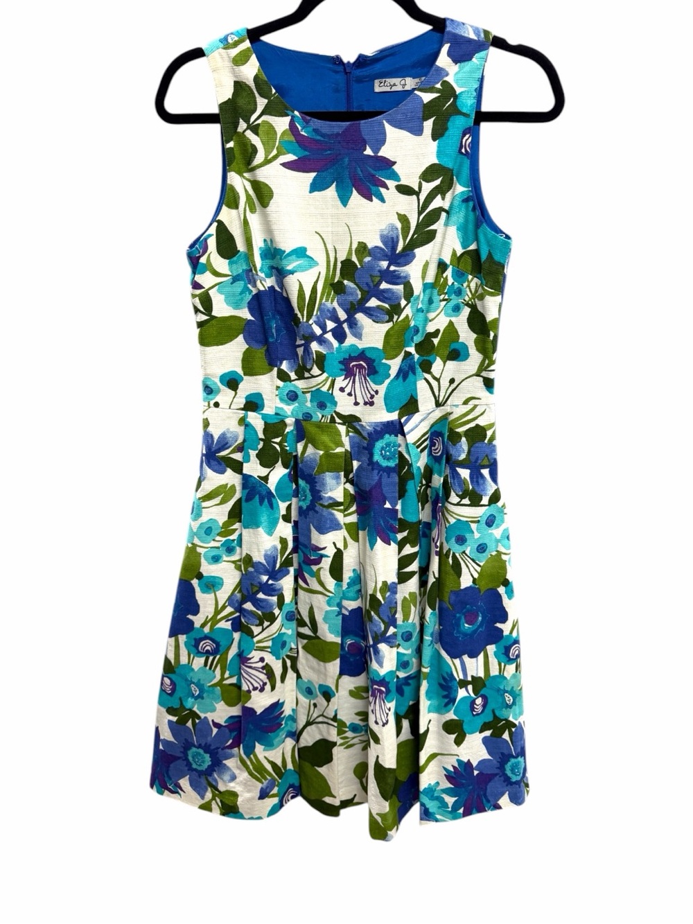 Eliza J Sleeveless Pleated Dress Fit and Flare Blue Watercolor Floral Cotton 6
